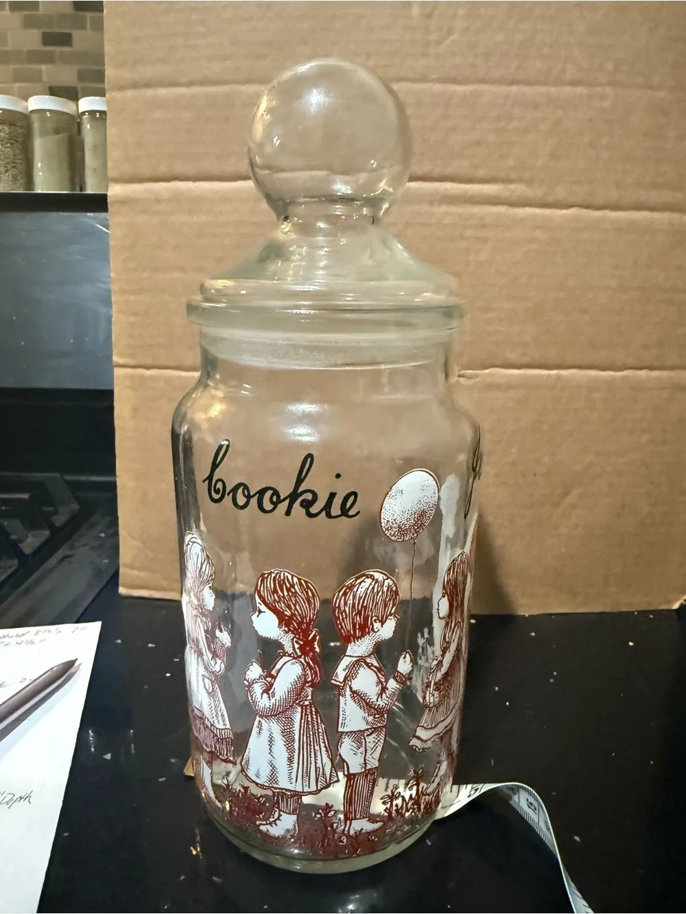 Glass Cookie Jar with Vintage Children Illustration